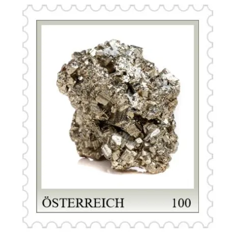 Briefmarke Österreich 100 Euro: Pyrit-Mineralien-Cluster auf weißem Hintergrund, Ausgabe 2023.