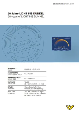Austrian Post special stamp 2022: '50 years of LICHT INS DUNKEL', nominal value €2.30 + €0.50, blue design with golden arc.