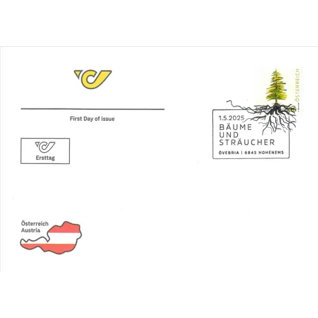 Norway spruce – Picea abies Austrian Post first day cover with 'Trees and Shrubs' stamp, postmark dated 1.5.2025, Hohenems 6845.