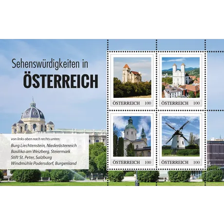 Austrian Post stamp set 2023, €1.00 each: Burg Liechtenstein, Basilica Weizberg, St. Peter's Abbey, Podersdorf Windmill.