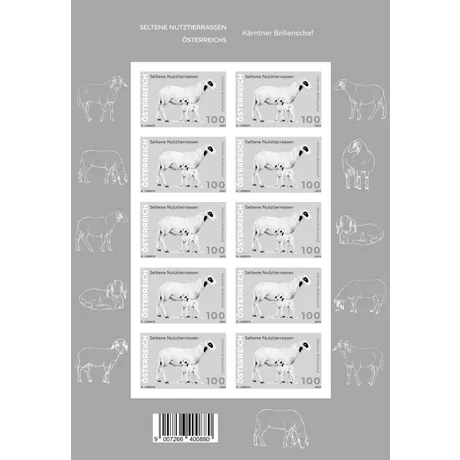 76a2cee3f00d6dc60b969ced6d65c92cc0f7c25b.jpg A sheet of Austrian Post 2023 stamps, €1.00, featuring the Carinthian Brillenschaf, part of rare livestock breeds.