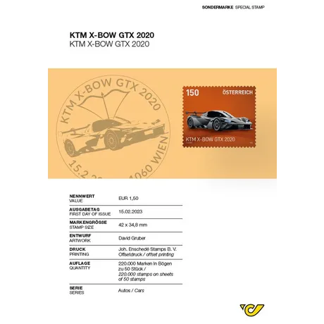 6013bae0840e9dedd2779f2646123f31a5a2952b.jpg Briefmarke Österreich 2023, Nominale 1,50 €: KTM X-BOW GTX 2020 Sportwagen auf orangefarbenem Hintergrund, Serie 'Autos'.