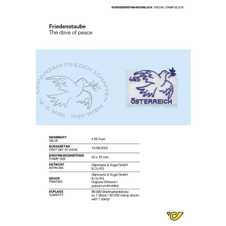 Produktbild mit gestickter Friedenstaube auf Sonderbriefmarkenblock. Nominale 4,65 Euro, Österreich, Jahr 2025.