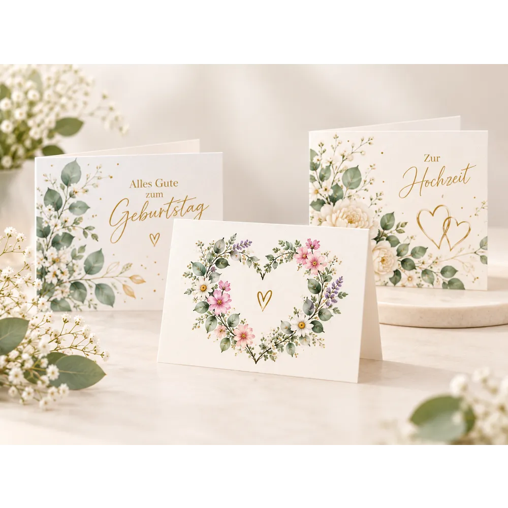 Grußkarten mit floralen Motiven für Geburtstag, Hochzeit und besondere Anlässe auf einem dekorierten Tisch