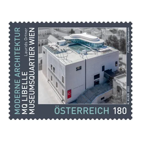 Austrian stamp 2022, €1.80: Modern architecture, MQ Libelle rooftop at Leopold Museum, MuseumsQuartier Vienna.