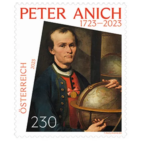 Austrian stamp 2023, nominal value 2.30 euros: Peter Anich, 1723-2023, with a globe and historical attire.