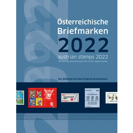 Cover of the Austrian Post stamp album 2022 with original stamps, including 'Der Merkur' and 'Tut gar nicht weh!'.