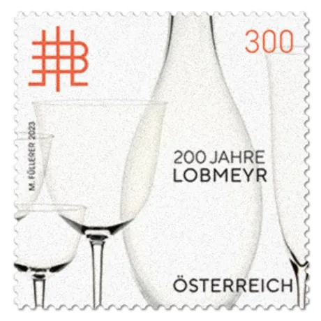 Austrian stamp 2023, nominal value 3.00 euros: 200 years of Lobmeyr, featuring glassware design.