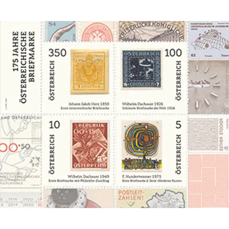 175 years of Austrian stamps Austrian Post stamp sheet: '175 Years of Austrian Stamps' with six historical designs and nominal values.