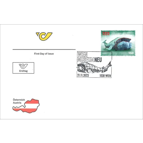 aec11a352d7b4e7145d257c59f6c0ec7348b5cb1.png First Day Cover with Austrian Post stamp 2023, €1.50: Vienna Museum whale sculpture, postmarked 21.11.2023.