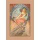 Alfons Mucha Sitzende Jugendstilfigur vor kreisförmigem Hintergrund, sanfte Farben, fließende Stoffdarstellung