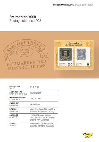 9a70d9a11df324e16551a0dad8805a97d6e88e74.jpg Sondermarkenblock der Österreichischen Post 'Freimarken 1908' mit zwei Marken, Ausgabe 05.03.2022, Nennwert €3,15.