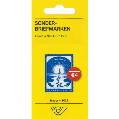 SM4_Trauer-2025_0425 Österreichische Post Sonderbriefmarken 2025, Motiv 'Tiefe Trauer', 4 Stück zu 1 Euro, gelbe Verpackung mit Post-Logo.