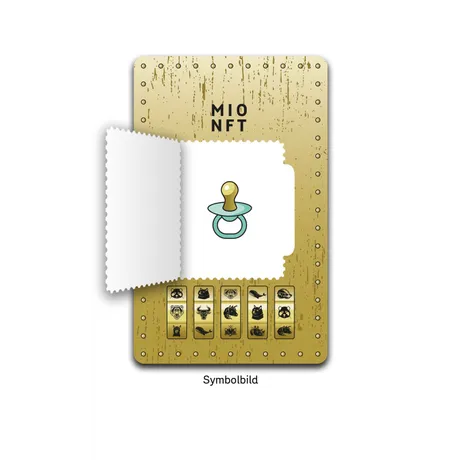 Österreichische Post NFT-Briefmarke 2023 mit Schnuller-Motiv und Tier-Icons auf goldenem Hintergrund.