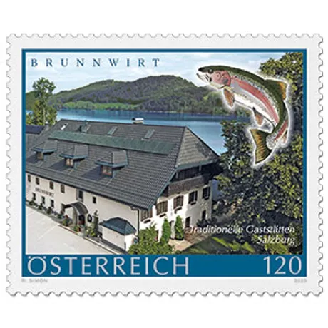 fba1fd353503b3f4f0f3a90dcfbcf9c72cb30545.jpg Briefmarke Österreich 2023, Nominale 1,20 Euro: Brunnwirt-Gasthaus, Seeblick und Forelle in Salzburg.
