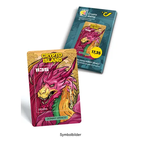 Crypto stamp set Donny Draco Crypto Stamp Island “Donny Draco” featuring a pink dragon design with Austrian Post presentation packaging.