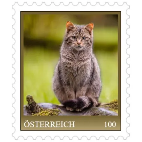 Briefmarke Österreich 2023, Nominale 1,00 Euro: Motiv einer Europäischen Wildkatze auf einem Baumstamm in der Natur.