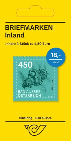 Austrian Post stamp set 'Bindling - Bad Aussee', 4 stamps at €4.50 each, total €18, on yellow packaging.