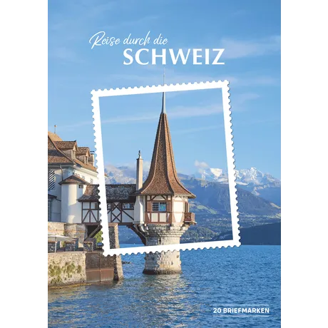 Austrian Post stamp collection 'Journey through Switzerland' with a scenic castle and mountains, 20 stamps.