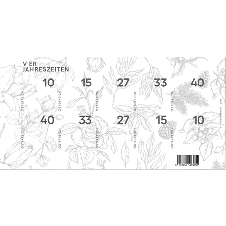 3ebb40ba013ec9c819ab10091c451c19e5dd500e.png Briefmarkenblock Österreich 2023 'Vier Jahreszeiten', florale Motive, Nominale: 10, 15, 27, 33, 40 Cent.