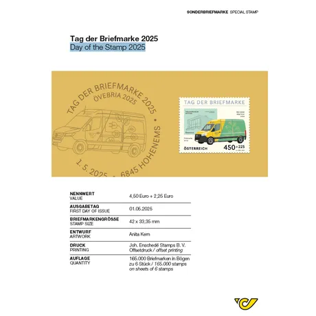 Sonderbriefmarke Österreich 2025, Nominale 4,50+2,25 Euro: Mercedes-Transporter mit Öko-Design, 'Tag der Briefmarke'.