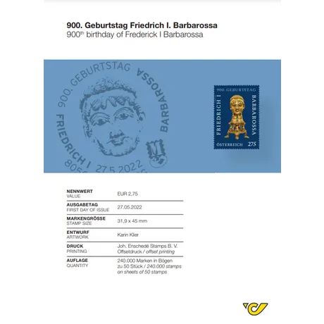 Austrian Post stamp 2022, €2.75: 900th birthday of Frederick I Barbarossa, featuring a golden bust on a blue background.