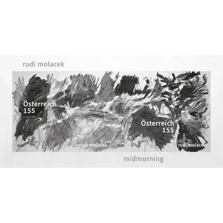 SD_Rudi Molacek_0425 Austrian Post stamp 2025, Nominal 1.55 Euro: Abstract black-and-white artwork 'Midmorning' by Rudi Molacek.