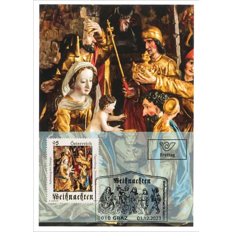 MX_Anbetung_der_Könige Austrian Post stamp 2023, 0.95 Euro: 'Adoration of the Magi' artwork, Christmas theme, first day postmark Graz.