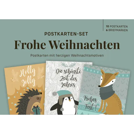 Postcard set Merry Christmas with charming animal motifs hedgehog penguin and deer in winter design soft colors and modern typography includes 10 postcards and 6 stamps Austria issue Christmas series