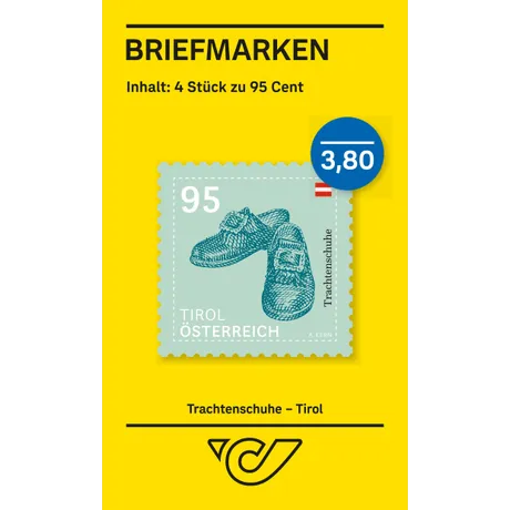 d46801ebc3ec03e8fb03b42c7c9bcc8fc0f83889.jpg Briefmarken-Set der Österreichischen Post: 4 Marken zu je 95 Cent mit Tiroler Trachtenschuhen, Gesamtpreis 3,80 Euro.