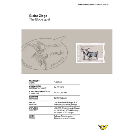 Blobe Ziege Austrian Post stamp 2025, €1.00: Blobe goat from 'Rare farm animal breeds' series, issued 04.05.2025.
