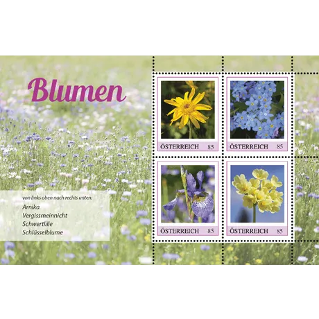 a34723d96c7253f0d10484502ce66f6c2eff9470.png Austrian Post 2023 stamp set, 0.85€ each: Arnica, Forget-me-not, Iris, and Primrose on a floral meadow background.