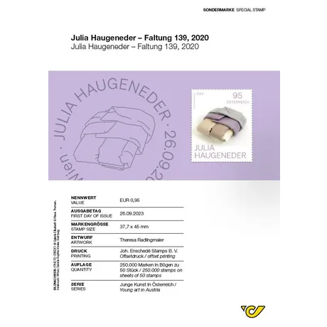 2fbcc71695cef016d71255583c60cc816298a667.jpg Austrian Post stamp 2023, €0.95: 'Faltung 139, 2020' by Julia Haugeneder, part of 'Young Art in Austria' series.