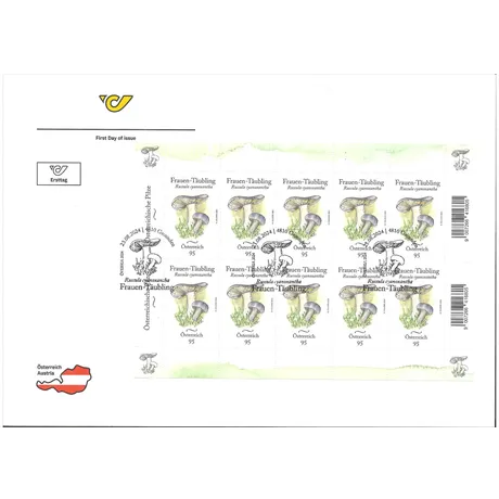 First day cover with miniature sheet of ten stamps Lactifluus volemus. Nominal 100, Austria, year 2025. First day cover with miniature sheet of ten stamps Lactifluus volemus. Nominal 100, Austria, year 2025.