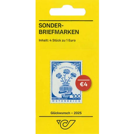 SM4_Glückwunsch-2025_0425c Austrian Post special stamps pack, 2025 'Glückwunsch' design, 4 stamps at €1 each, total €4, yellow packaging.