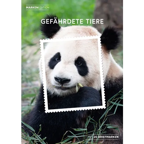 Austrian Post stamp collection 'Endangered Animals' featuring a panda eating bamboo, with 20 stamps included.