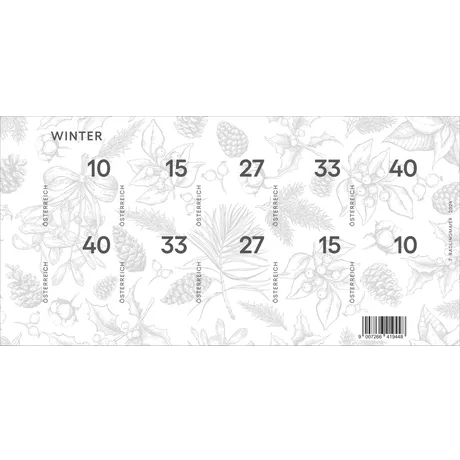 Austrian Post stamp sheet 'Winter 2024' with botanical winter motifs and various nominal values: 10, 15, 27, 33, 40 cents.