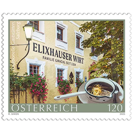 Stamp with Elixhauser Wirt inn, flower-decorated facade, soup in foreground. Nominal 120, Austria, year 2025. Stamp with Elixhauser Wirt inn, flower-decorated facade, soup in foreground. Nominal 120, Austria, year 2025.