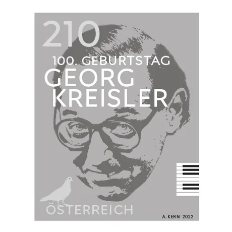 Austrian stamp 2022, nominal value 2.10 euros: 100th birthday of Georg Kreisler, gray design with portrait.