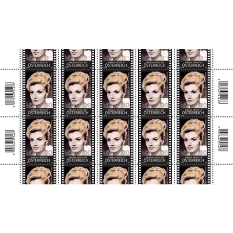 d56a5741e94379b8bda9cb034d4ac9d545cee12a.jpg Austrian Post stamp sheet 2022, €1.00: Maria Perschy portrait with filmstrip design, 'Austrians in Hollywood' theme.