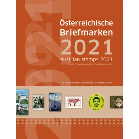 Cover of the Austrian Post stamp album 2021 with original stamps, including themes like nature and culture.