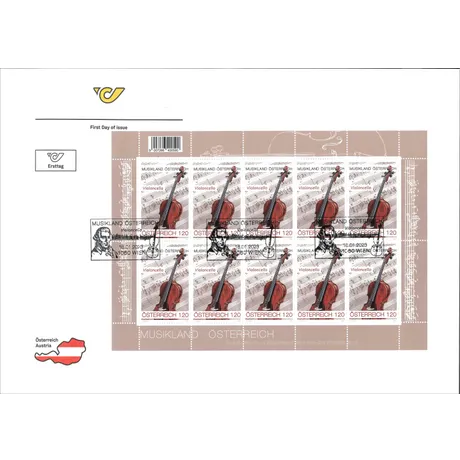 Austrian Post stamp sheet 2023, Nominal value 1.20 Euro: &#039;Music Land Austria&#039; theme with cello and sheet music.