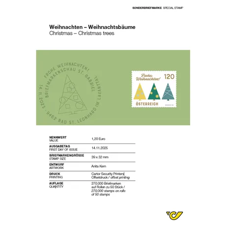 Abhandlung zur Briefmarke mit drei stilisierten Weihnachtsbäumen in Gelb, Grün und Blau auf grünem Hintergrund und der Aufschrift ‚Frohe Weihnachten!‘, Nennwert 1,20 Euro. Abhandlung zur Briefmarke mit drei stilisierten Weihnachtsbäumen in Gelb, Grün und Blau auf grünem Hintergrund und der Aufschrift ‚Frohe Weihnachten!‘, Nennwert 1,20 Euro.
