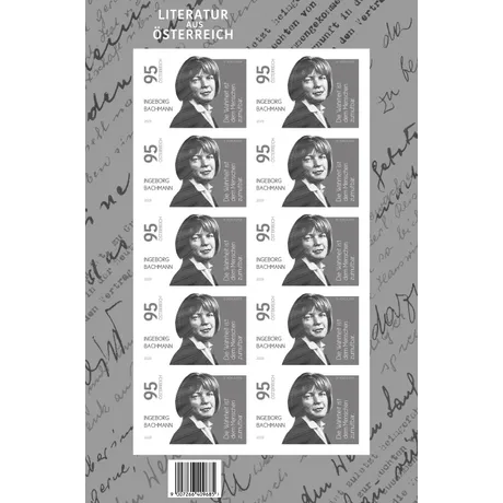 616be97d75f77b64ea1a8516c7f0ed87bd999376.jpg A sheet of Austrian Post 2023 stamps, 0.95€ each, featuring Ingeborg Bachmann and the quote: 'The truth is unbearable for humans.'