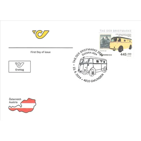 FDC_TdB 2024_0824 Ersttagsbrief der Österreichischen Post zum Tag der Briefmarke 2024 mit historischem Postbus und Sonderstempel aus Gmunden.