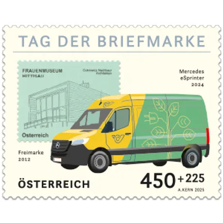 Briefmarke Österreich 2024, Nominale 4,50+2,25 Euro: Mercedes eSprinter und Frauenmuseum Hittisau Illustration.