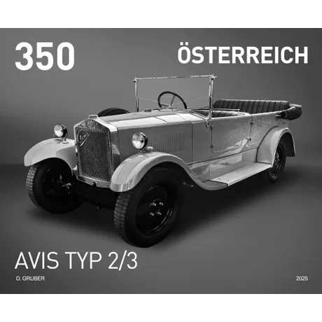 Austrian Post stamp 2025, nominal value 3.50 euros: Avis Typ 2/3 vintage car in black and white.