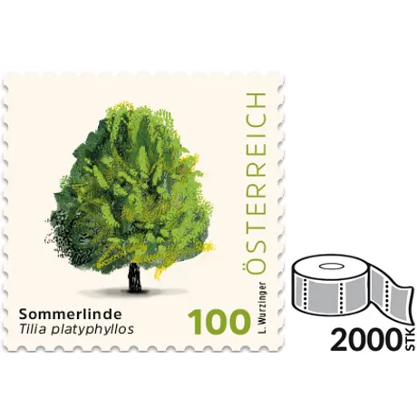 100_Sommerlinde_2000er Briefmarke Österreich 2023, Nominale 1,00 Euro: Illustration einer Sommerlinde, Rolle mit 2000 Stück abgebildet.