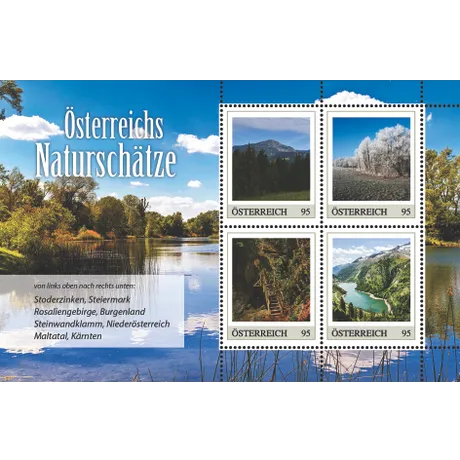 124668_08_ME4_Natursch_MB02_fW_gross Briefmarkenblock Österreich 2023, 'Österreichs Naturschätze,' 4 Marken (je 0,95 €): Stoderzinken, Rosaliengebirge, Steinwandklamm, Maltatal.