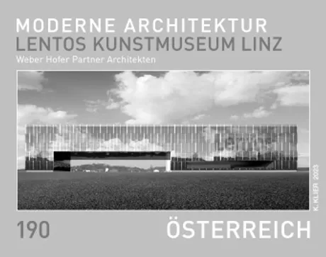 261142ce2003e592a2c47c593170ed2a776767ba.jpg Briefmarke Österreich 2023, Nominale 1,90 Euro: Moderne Architektur, Lentos Kunstmuseum Linz.